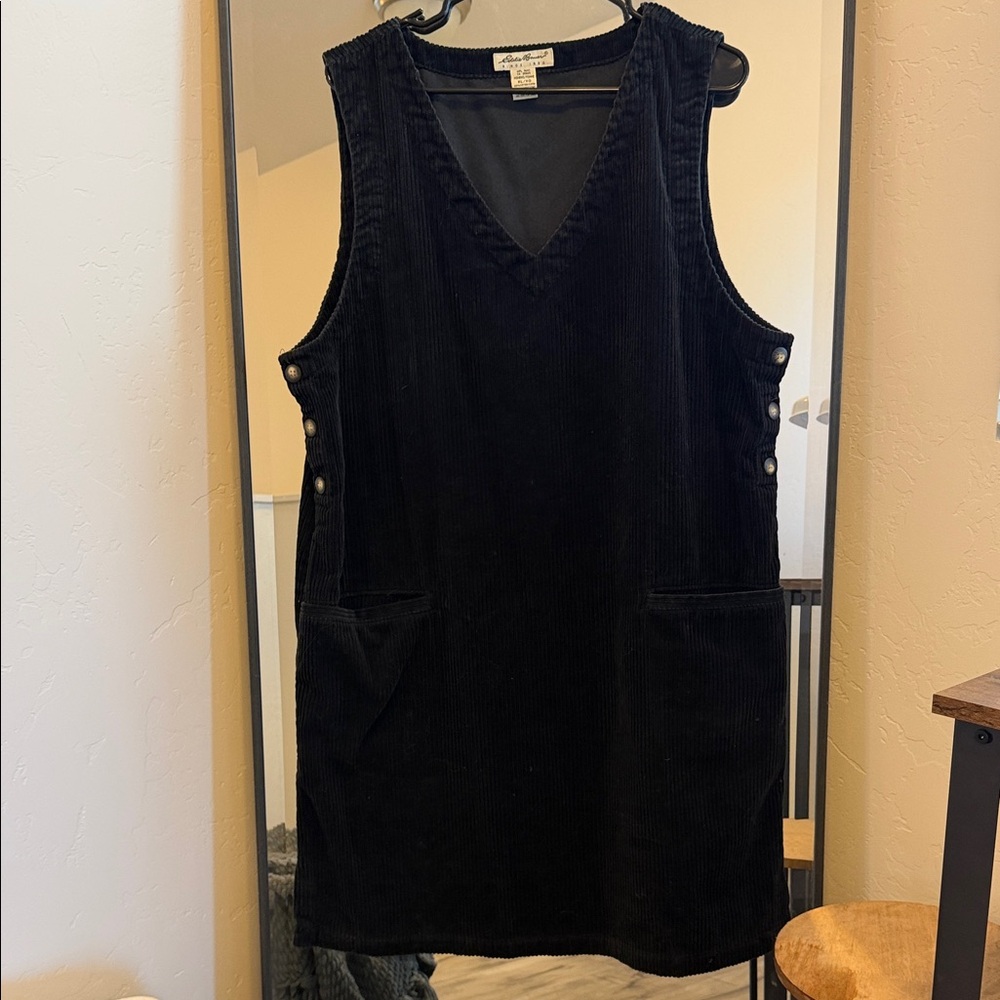 Vintage Eddie Bauer Corduroy Jumper Dress Black XL – Pockets, Side Buttons